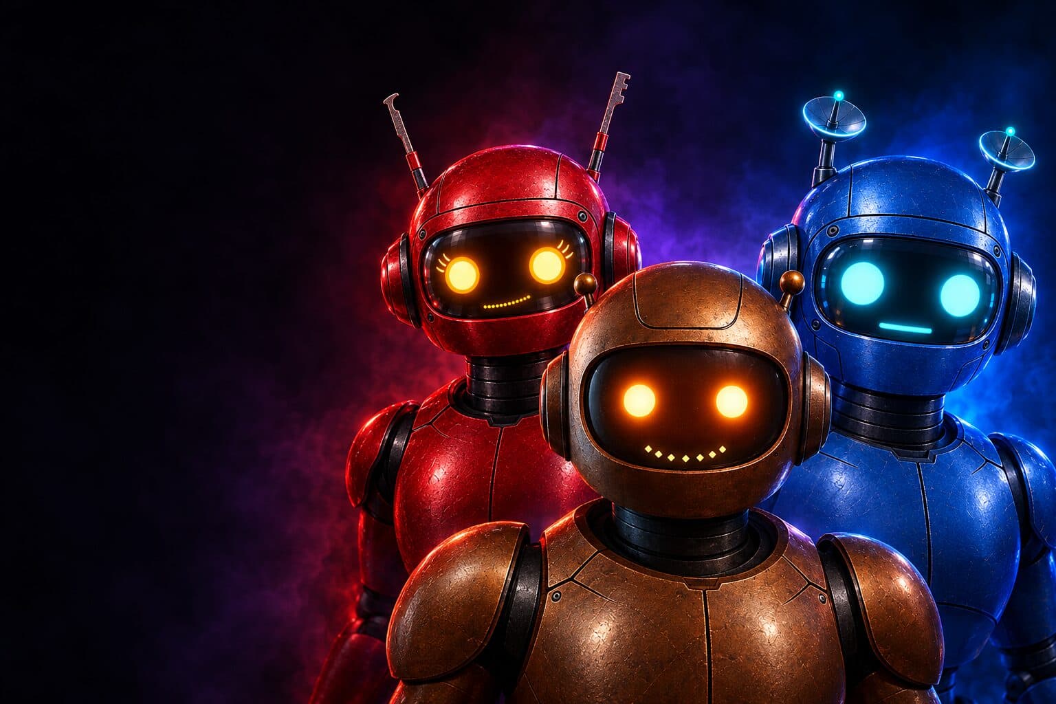 Pennie the red-team robot, Poppie the copper planner robot and Ollie the blue-team robot