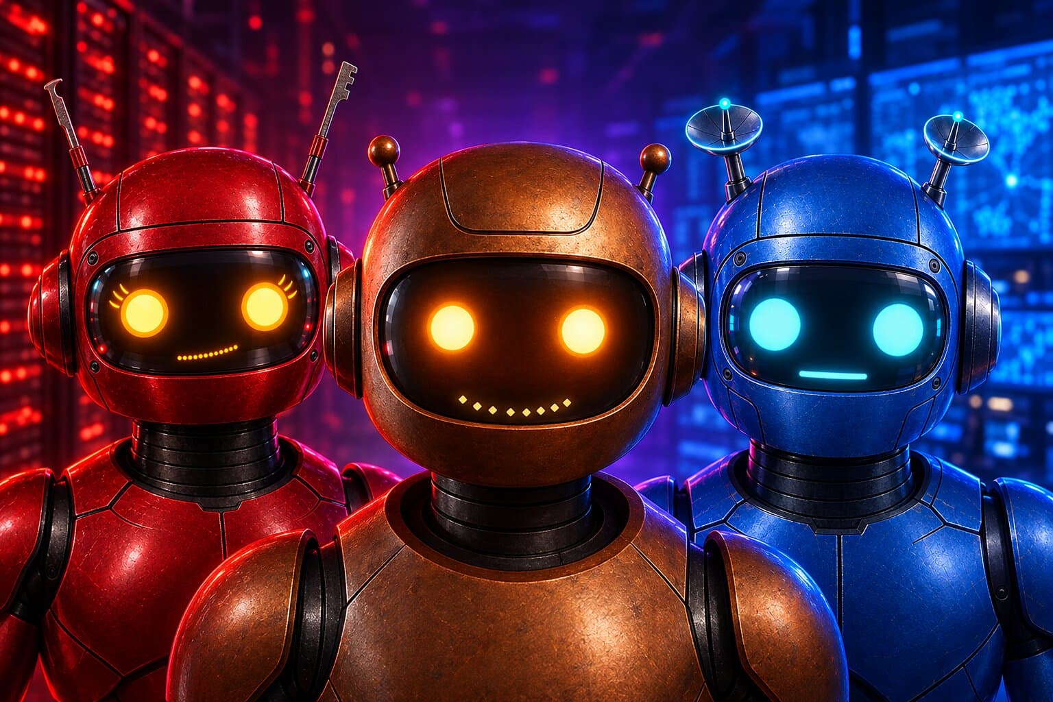 Pennie, Poppie and Ollie side by side, lit red, purple and blue