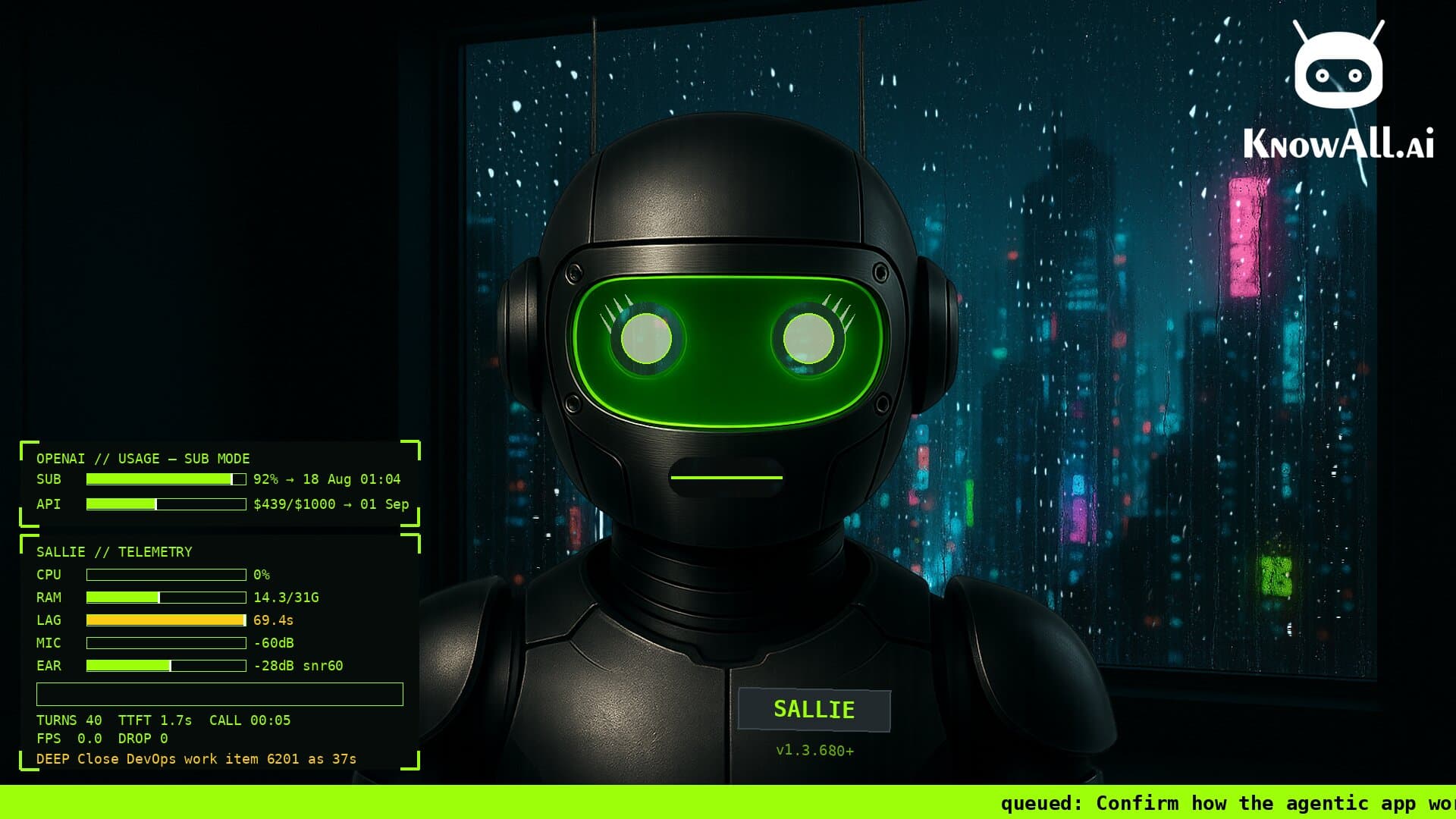 Sallie on a video call — her avatar with live telemetry panels