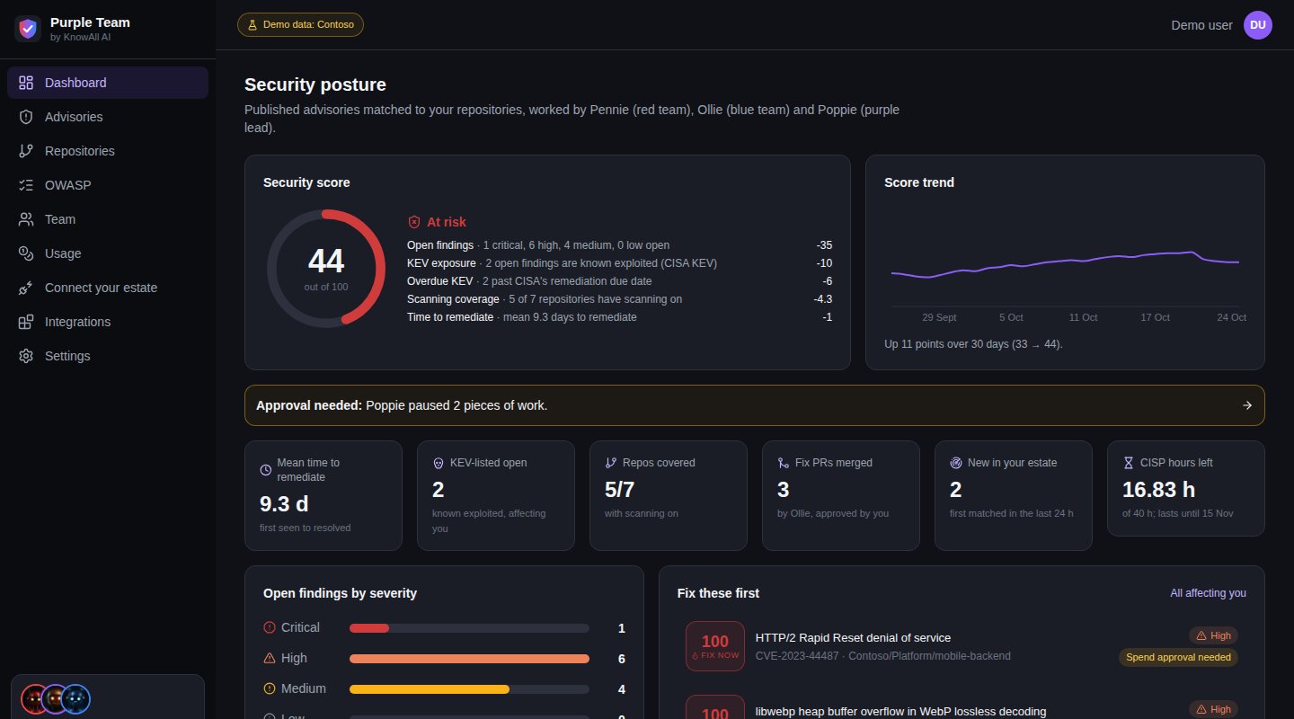 Purple Team Portal, Dashboard page, for the fictional company Contoso: Security score, its trend and the month's key figures