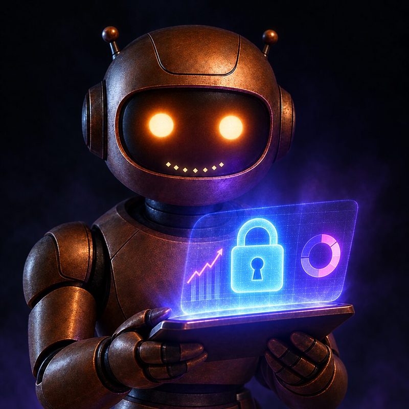 Poppie, the copper robot, holding a tablet projecting a locked padlock and a rising chart